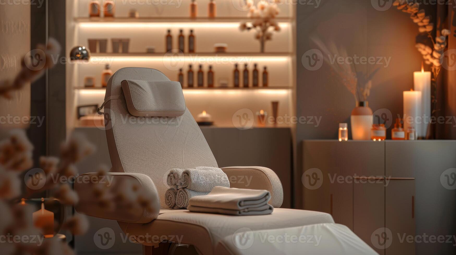 Elegant Spa Room with a Comfortable Facial Treatment Chair and Soothing Ambient Lighting for Relaxation photo