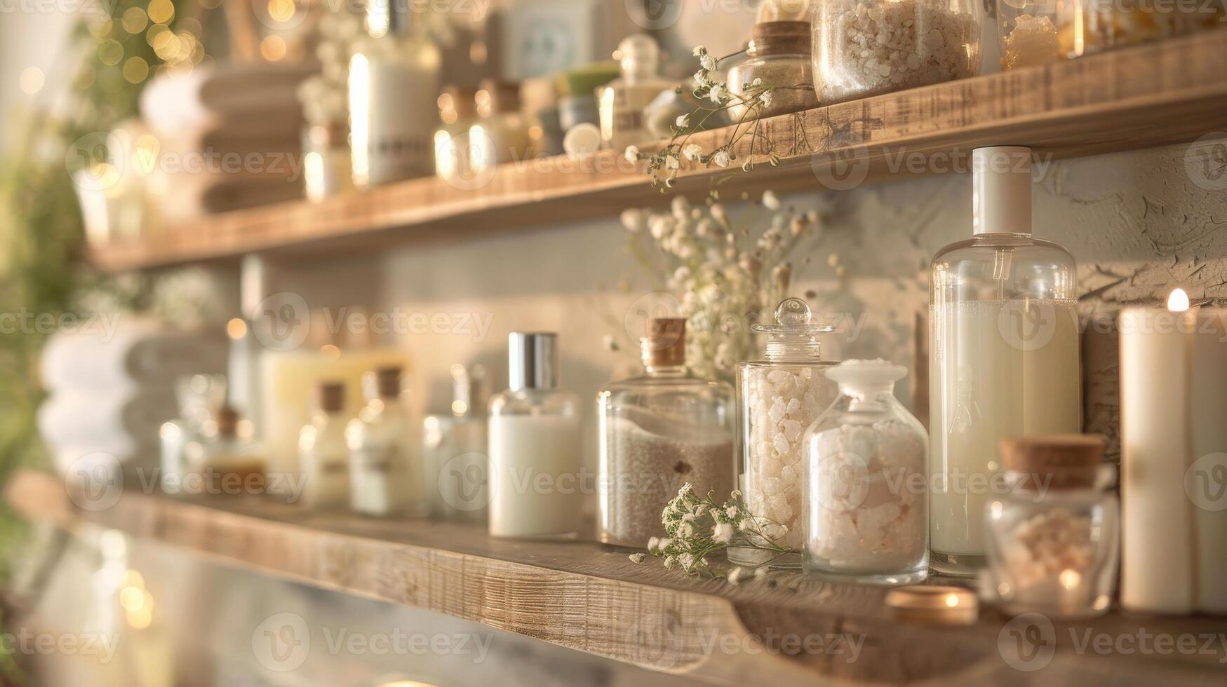 Elegant Spa Setting with Candles, Essential Oils, and Bath Salts on Wooden Shelves Ideal for Relaxation and Wellness photo