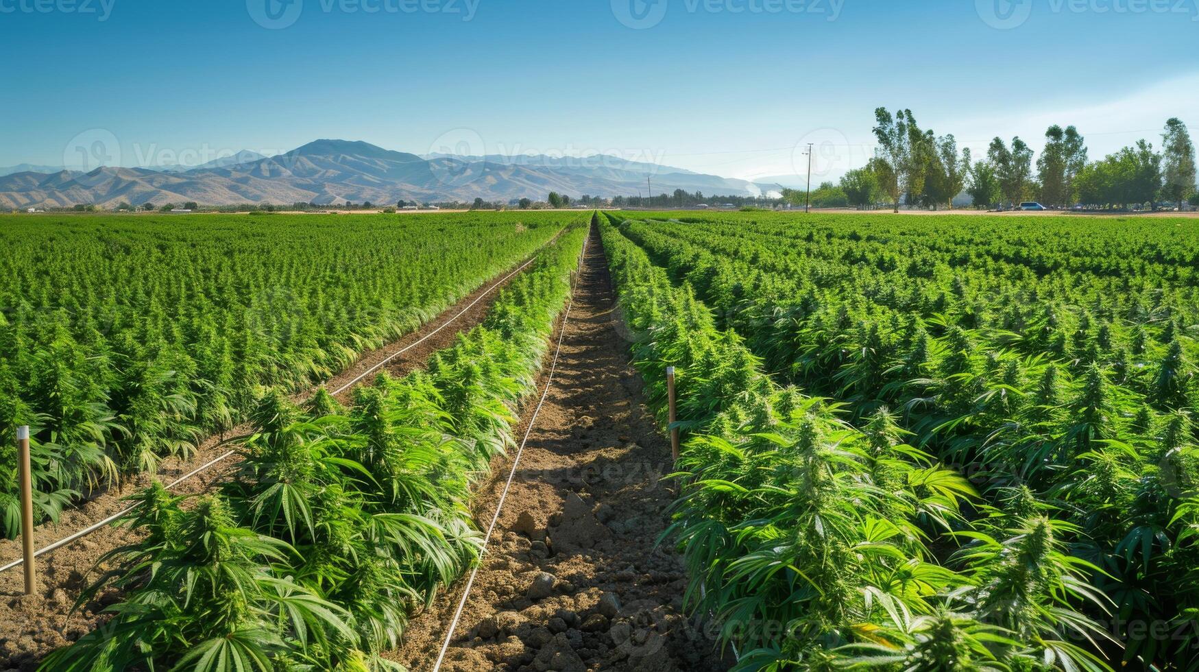Cannabis Cultivation Field with Mountains in Background, Ideal for Agricultural, Rural, Nature, and Landscape Stock Photography photo