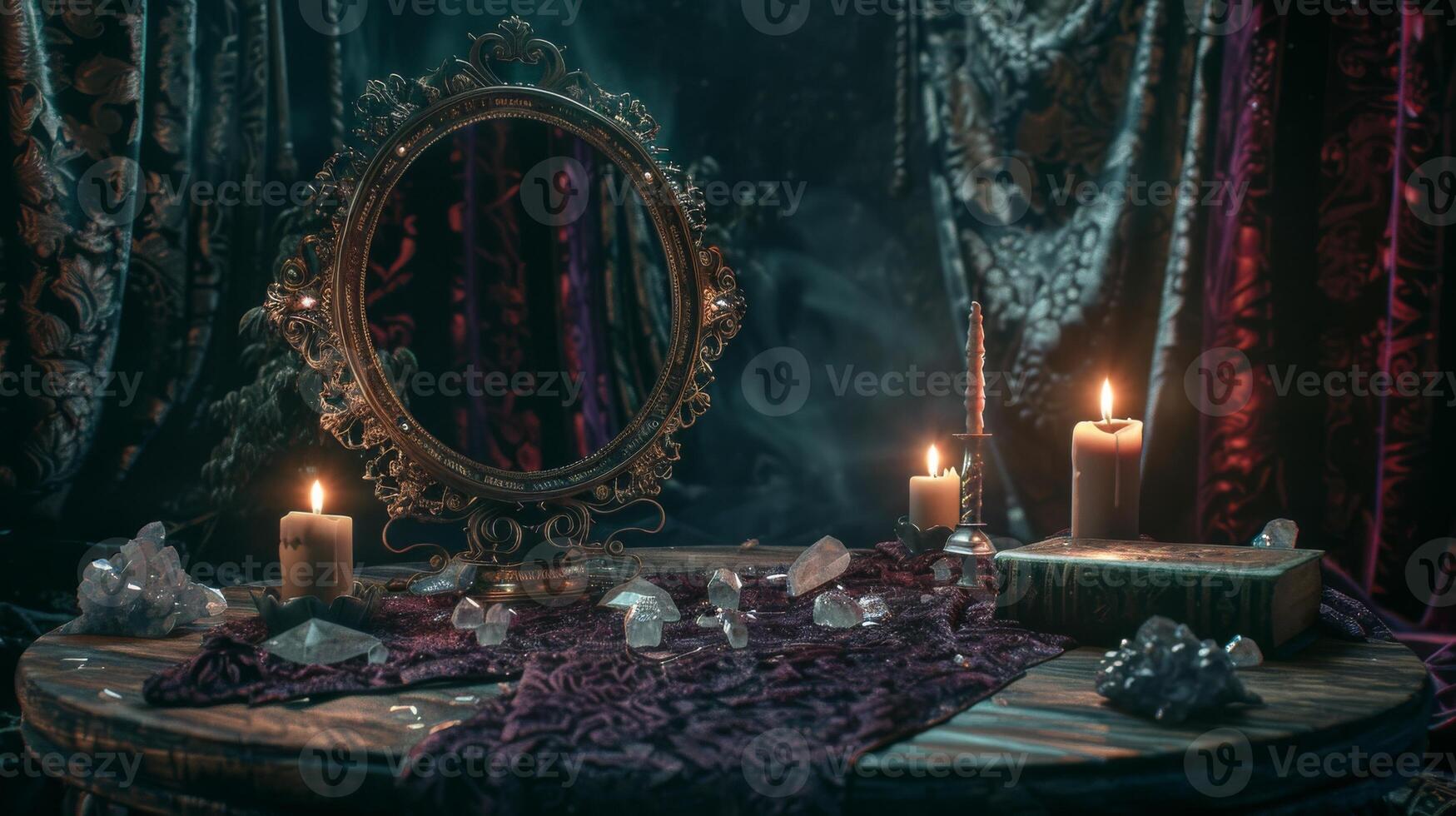 Enchanting Scrying Mirror Setup with Candles on Wooden Table Surrounded by Crystals for Mystical and Magical Decor photo