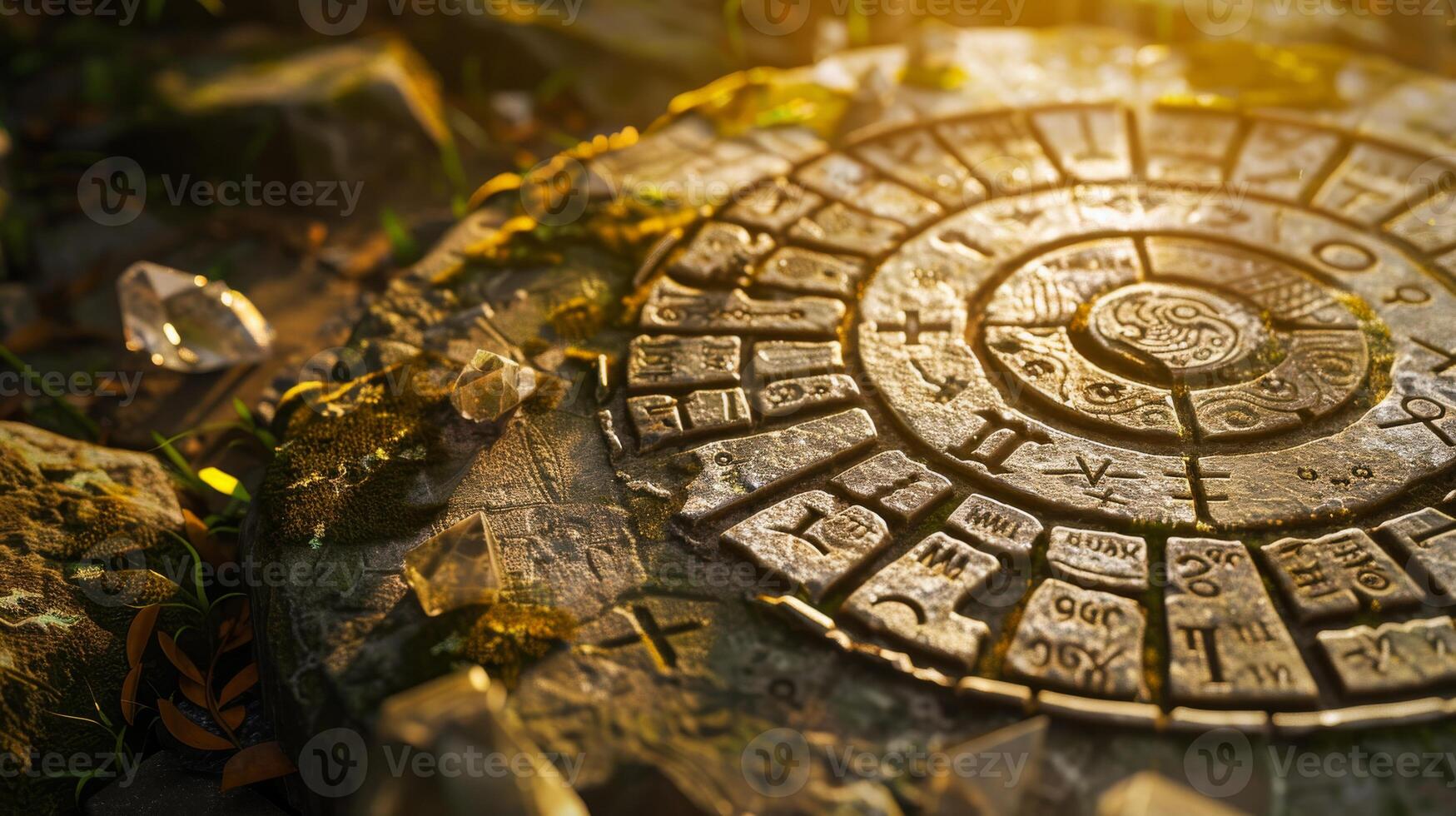 Ancient Zodiac Calendar Carving in Sunlight with Natural Moss and Crystals Mystical and Historic Concept for Posters or Prints photo