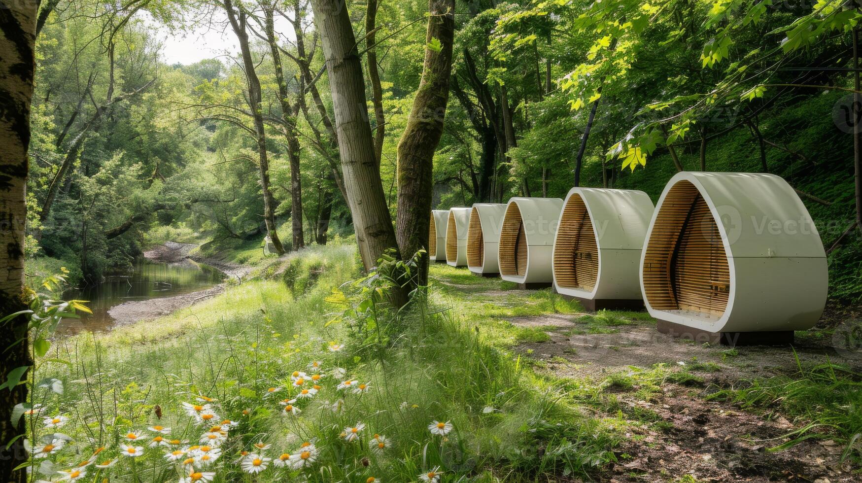 Tranquil Forest Apiary with Beehives by a Creek for Nature and Environmental Conservation photo