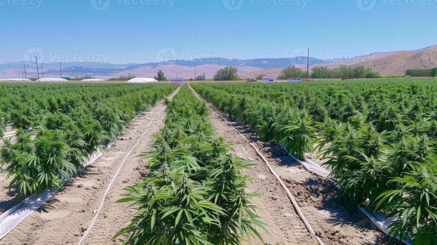 Cannabis Cultivation Site During Summer with Clear Blue Sky Agricultural Field with Marijuana Plants photo