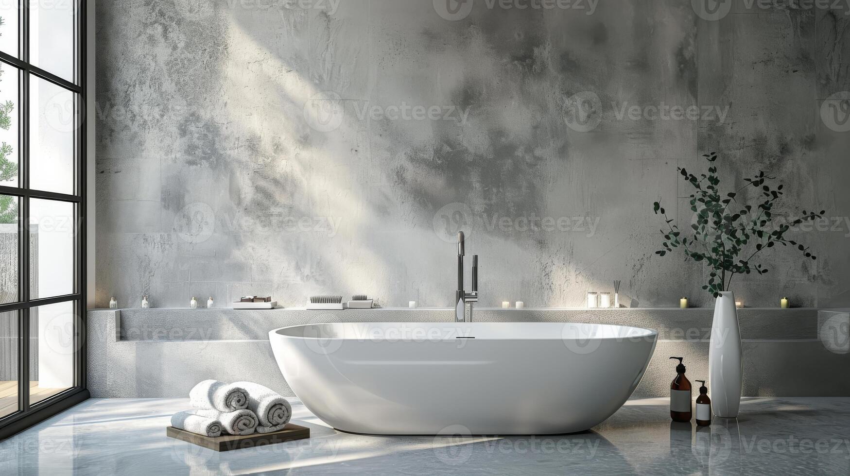 Modern Spa Room with Sleek Bathtub and Minimalist Design for Tranquility and Relaxation photo