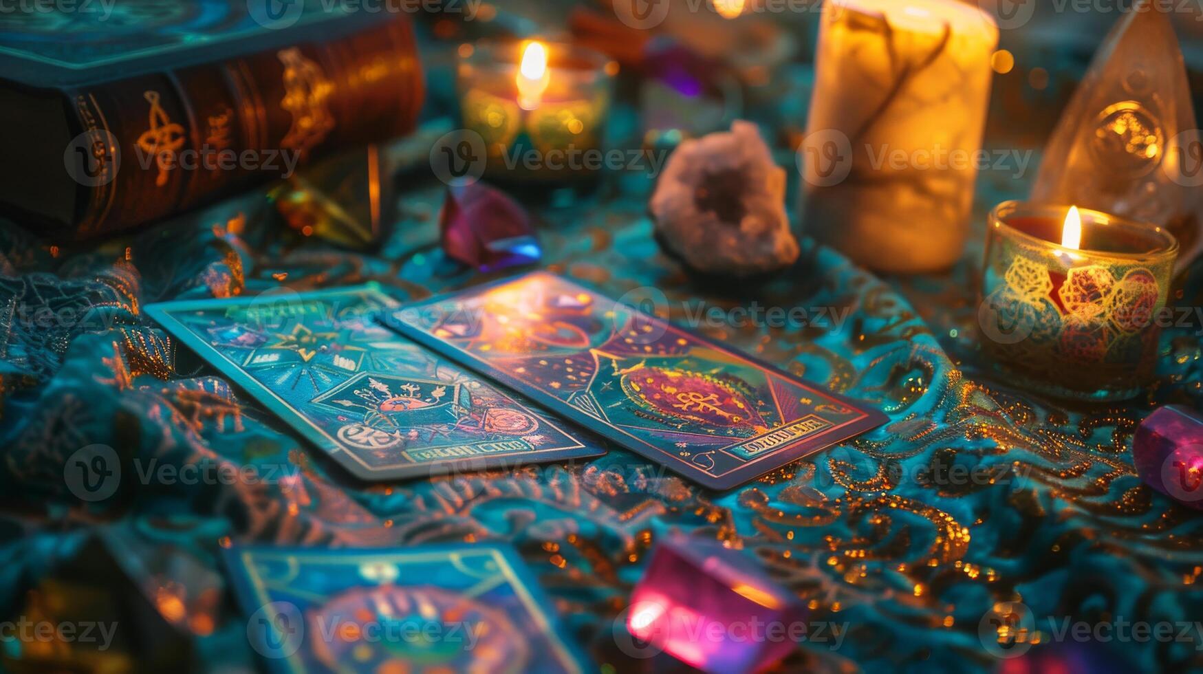 Mystical Tarot Reading Scene with Candles and Crystals Perfect for Spiritual and Esoteric Designs photo