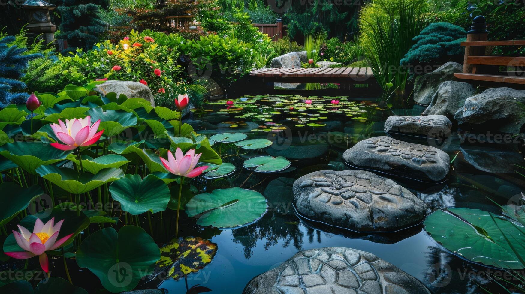 Tranquil Spa Garden with Lotus Pond and Wooden Bridge Design for Relaxation and Meditation photo