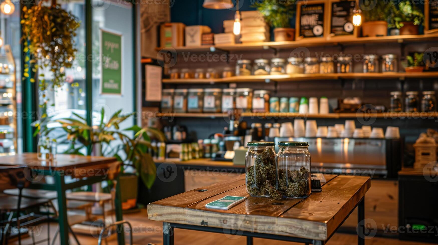 Cannabis Themed Coffee Shop Interior for Print, Design, Poster, Cafe Decor, Modern Dispensary Display photo