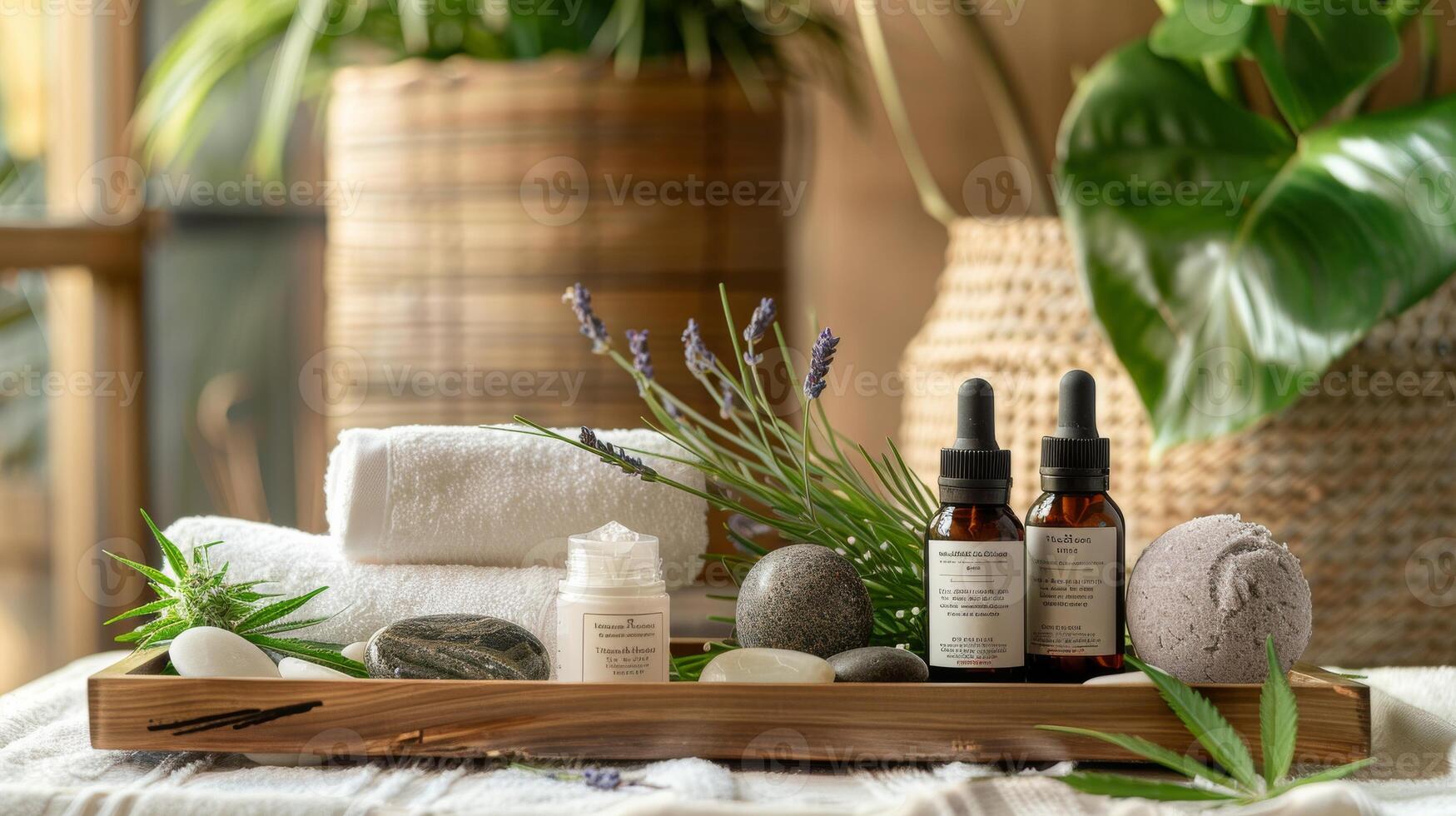 Spa Wellness Retreat Setup with Natural Skincare Products, Aromatherapy Oils, and Fresh Lavender photo