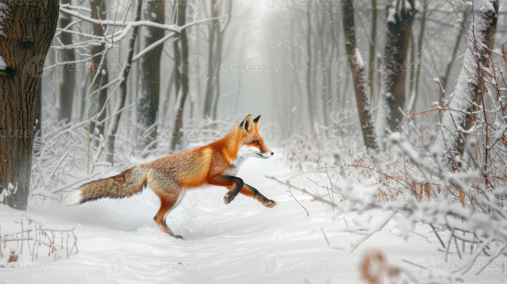 Young Fox Running Through a Snow Covered Forest, Winter Wildlife Scene, Nature Photography, Snowy Woodland photo