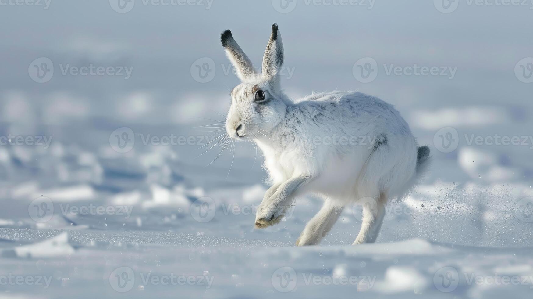 Arctic Hare Bounding Across Snowy Landscape in Winter Nature Scene for Wildlife Photography and Winter Prints photo