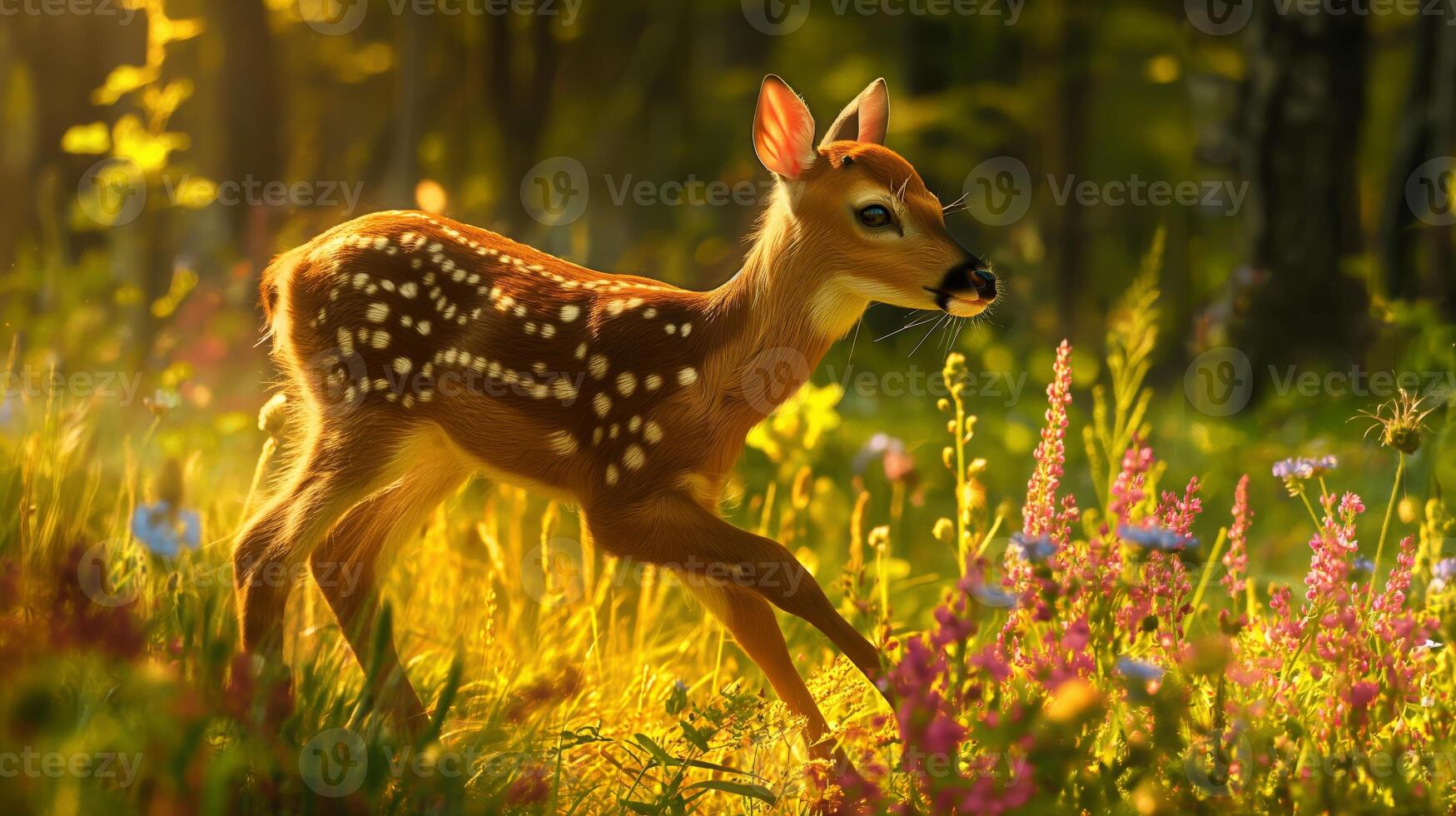 Young Fawn Strolling Through Sunlit Meadow Surrounded by Wildflowers for Nature Photography and Print Design photo