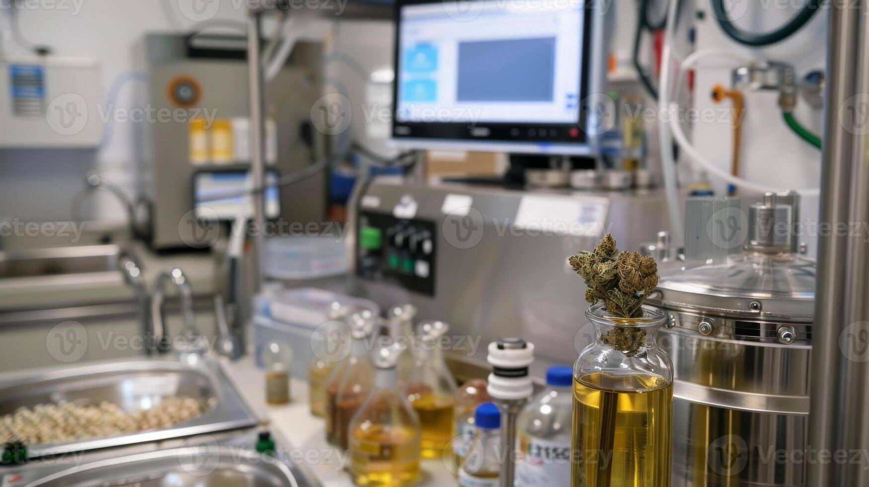 HighTech Cannabis Extraction Lab with Advanced Equipment and Ingredients Displayed for Medical Marijuana Production photo