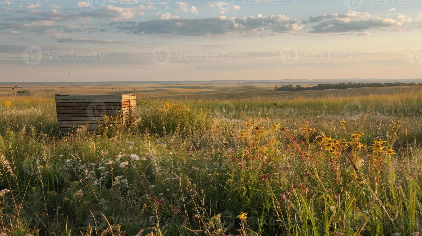 Prairie Style Apiary in Open Field at Sunset for Nature Posters and Wall Art photo