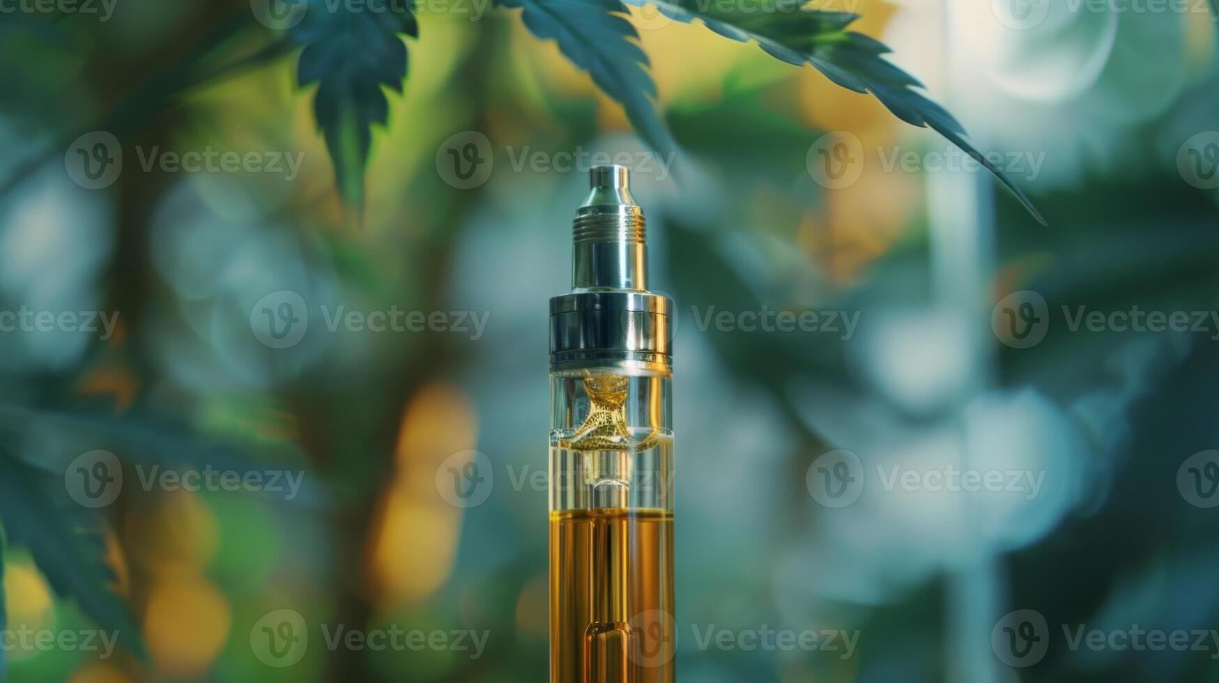 Cannabis Concentrate Vaporizer CloseUp with Golden Liquid and Blurred Green Leaves Background for Health and Wellness Promotion photo