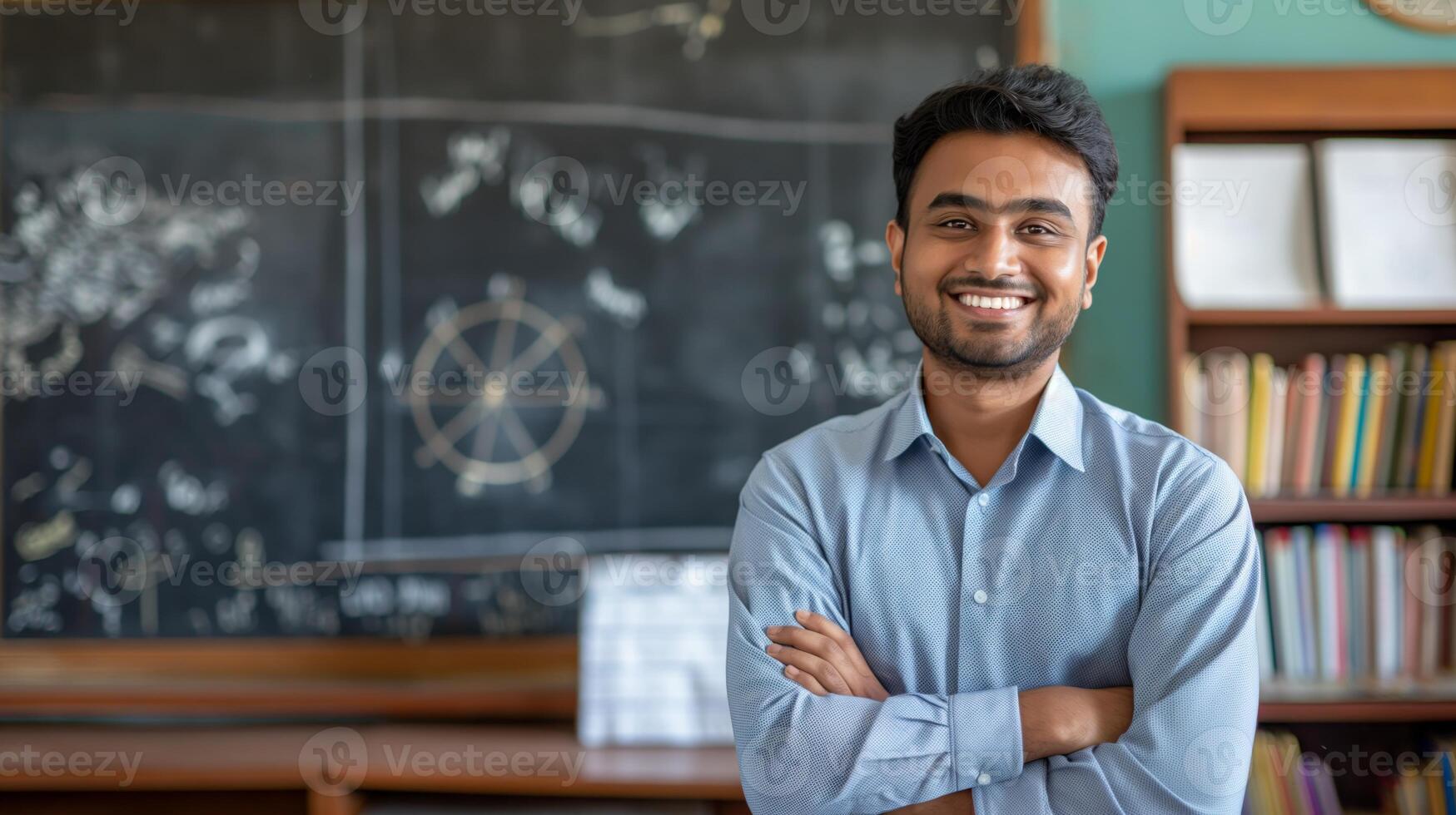 Confident Young Male Pakistani School Teacher Smiling in Classroom, Education Concept, Diversity in Teaching Roles photo