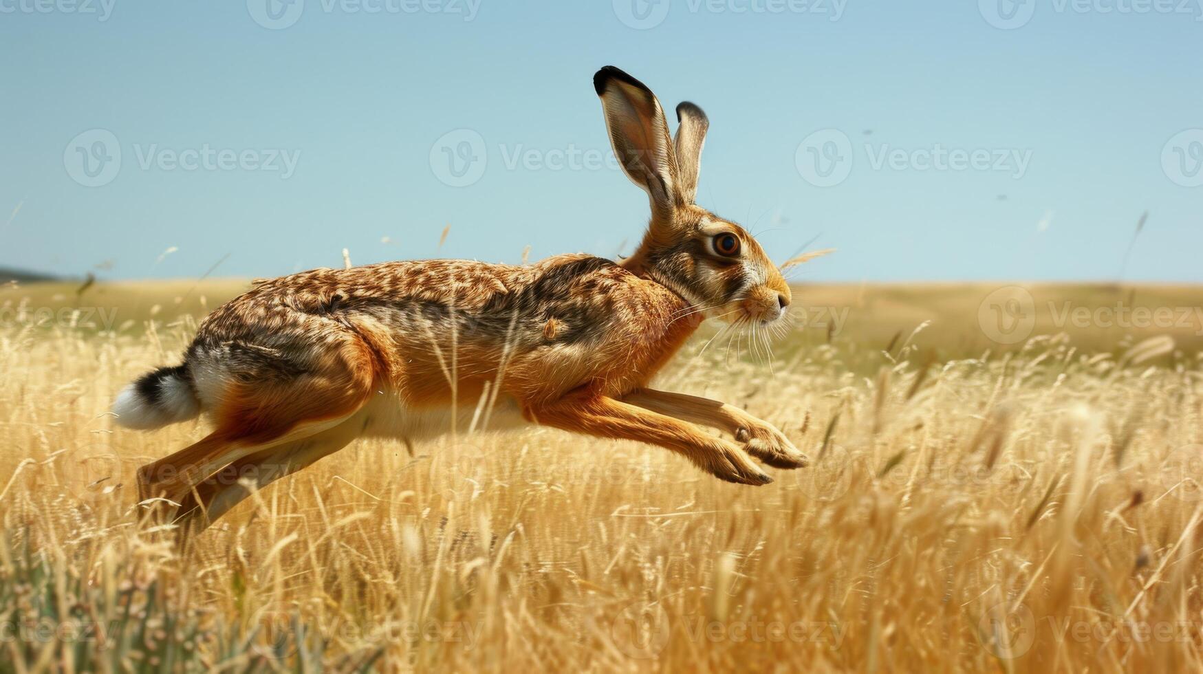 European Hare Sprinting Across Tall Grass Field in Nature, Perfect for Wildlife Photography and Nature Conservation Projects photo