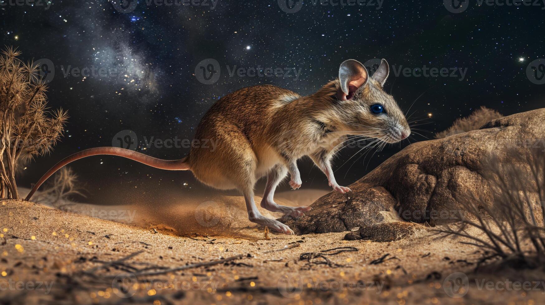 Kangaroo Rat Hopping Across Desert Under Starry Sky Mesmerizing Nature Wildlife Night Landscape photo