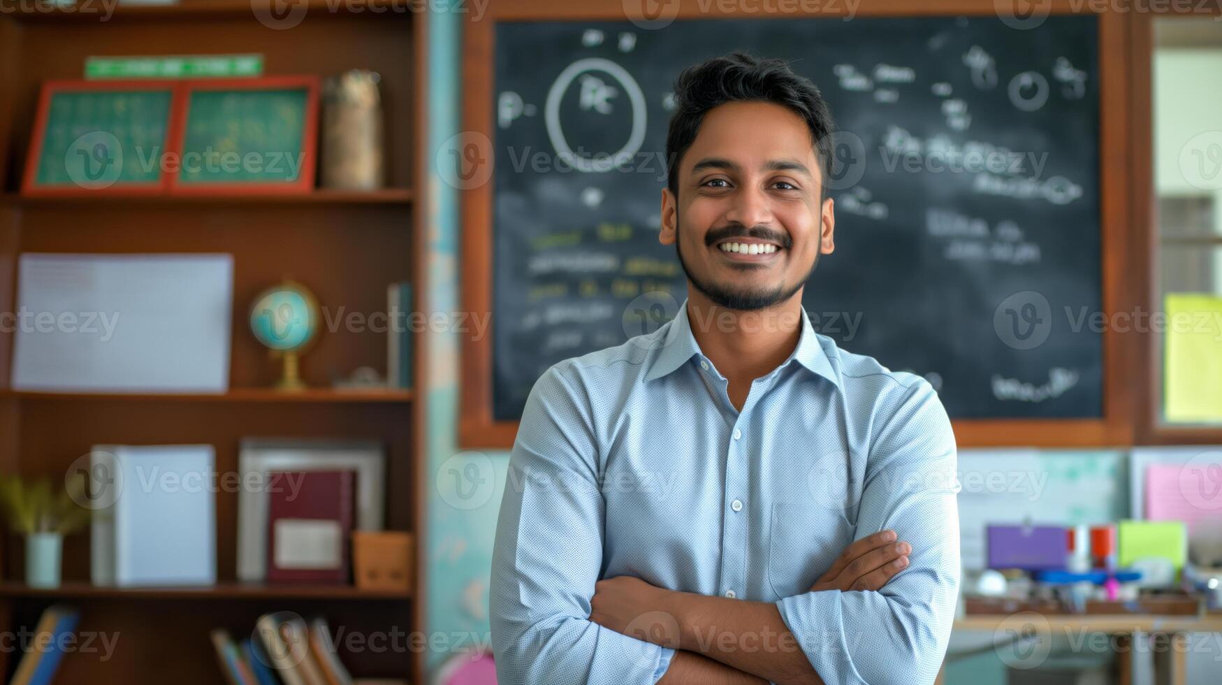 Confident Young Indian Male School Teacher in Classroom, Education, and Learning Environment, Perfect for Educational Resources and Print. photo