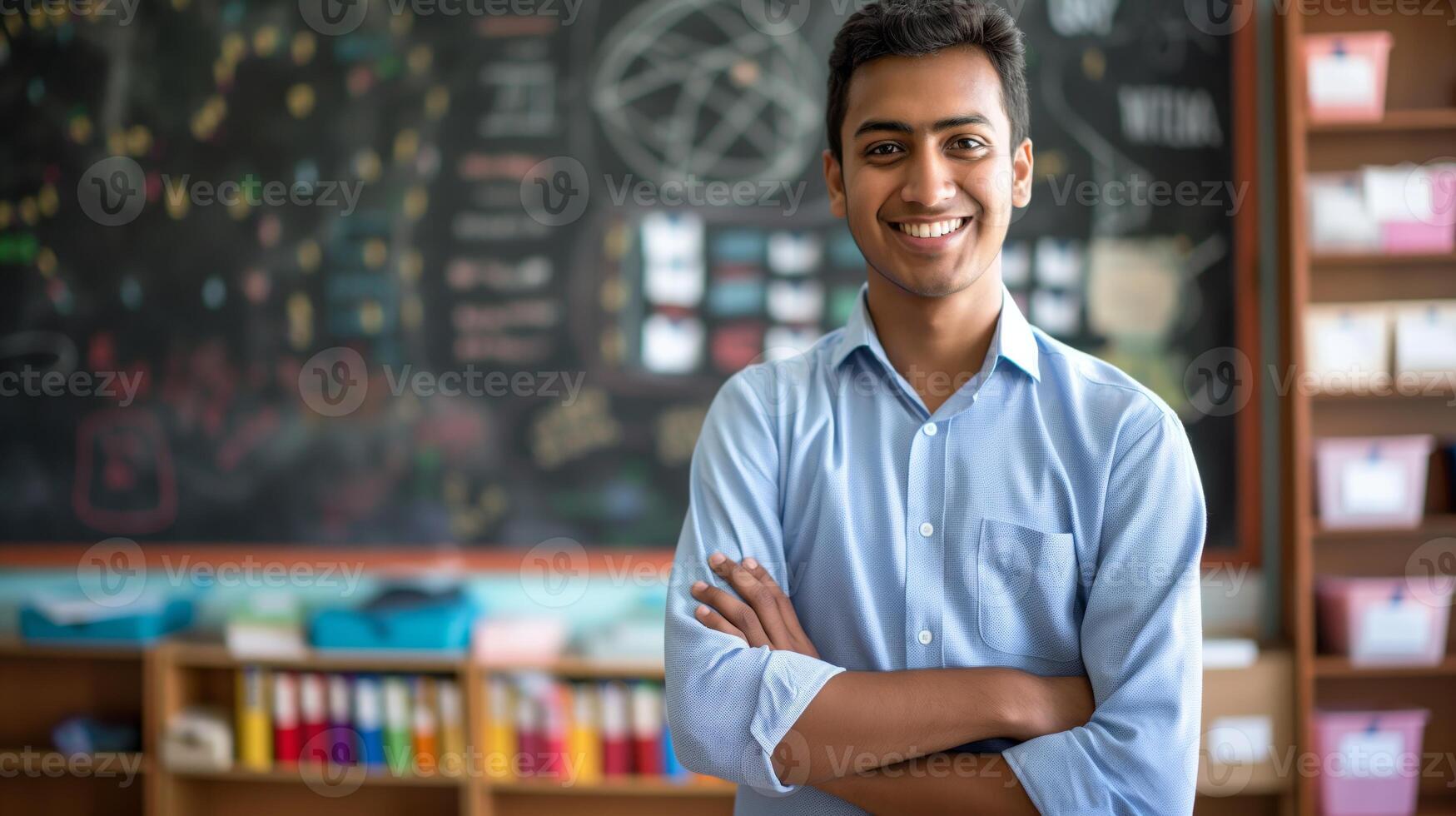 Confident young South Asian male school teacher in classroom with crossed arms and smiling in front of chalkboard. photo