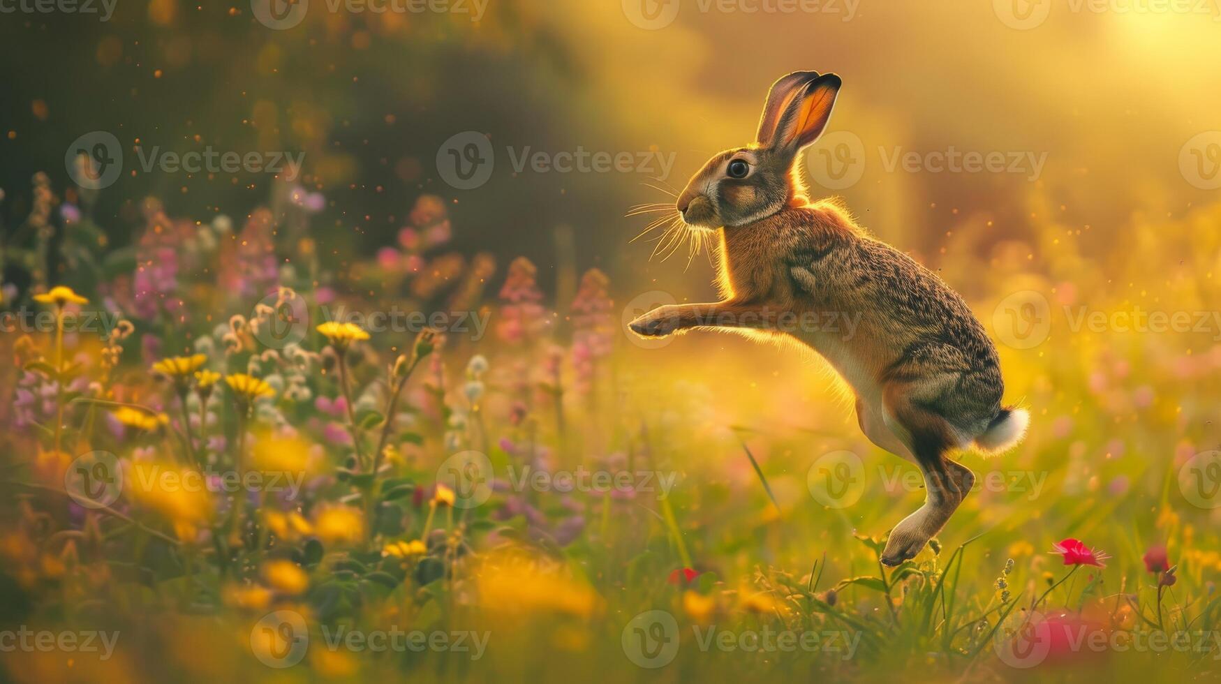 Hare Bounding Through a Lush Meadow at Dawn, Morning Light, Nature Photography for Print, Poster, or Card Design photo
