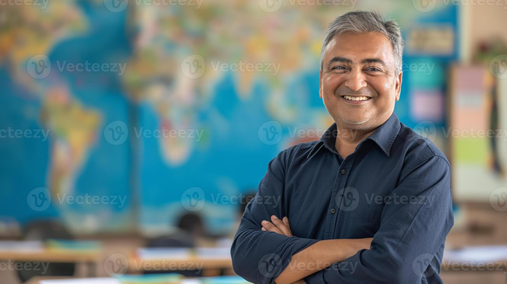 Middleaged South Asian Male Teacher Smiling in Classroom with World Map Background Education and Diversity Concept photo