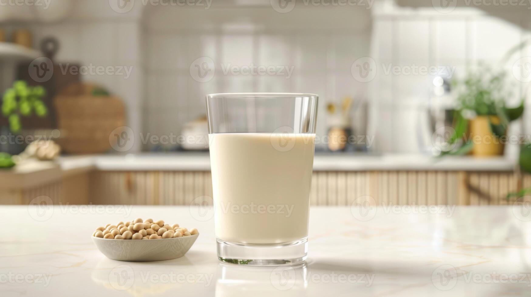 Fresh Soy Milk in a Clear Glass on Modern Kitchen Counter. PlantBased Beverage for Health and Nutrition. High Quality Stock Photo for Culinary Design and Promotion.