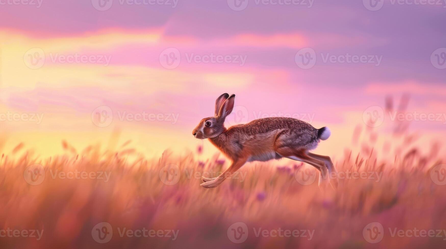 Swift Hare Running Across a Vast Open Field at Dusk in a Beautiful Scenic Landscape Suitable for Nature Prints and Posters photo