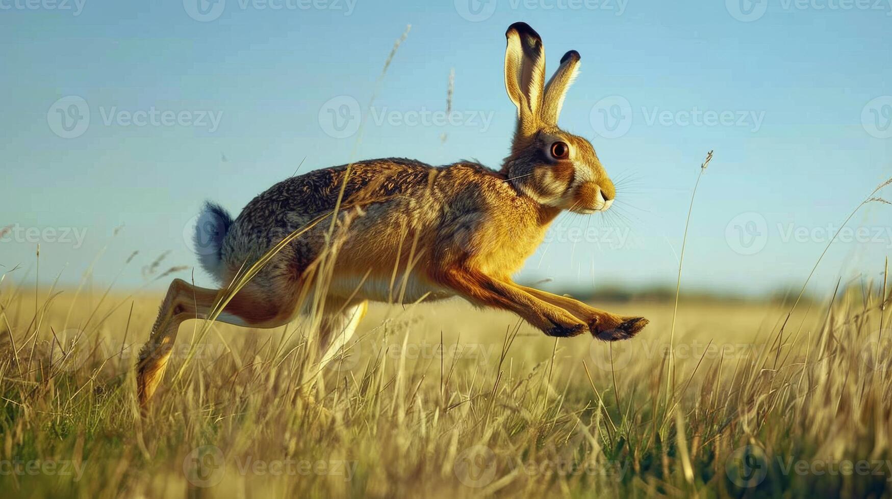 Sprinting European Hare in a Field of Tall Grass Perfect for Nature and Wildlife Photography photo