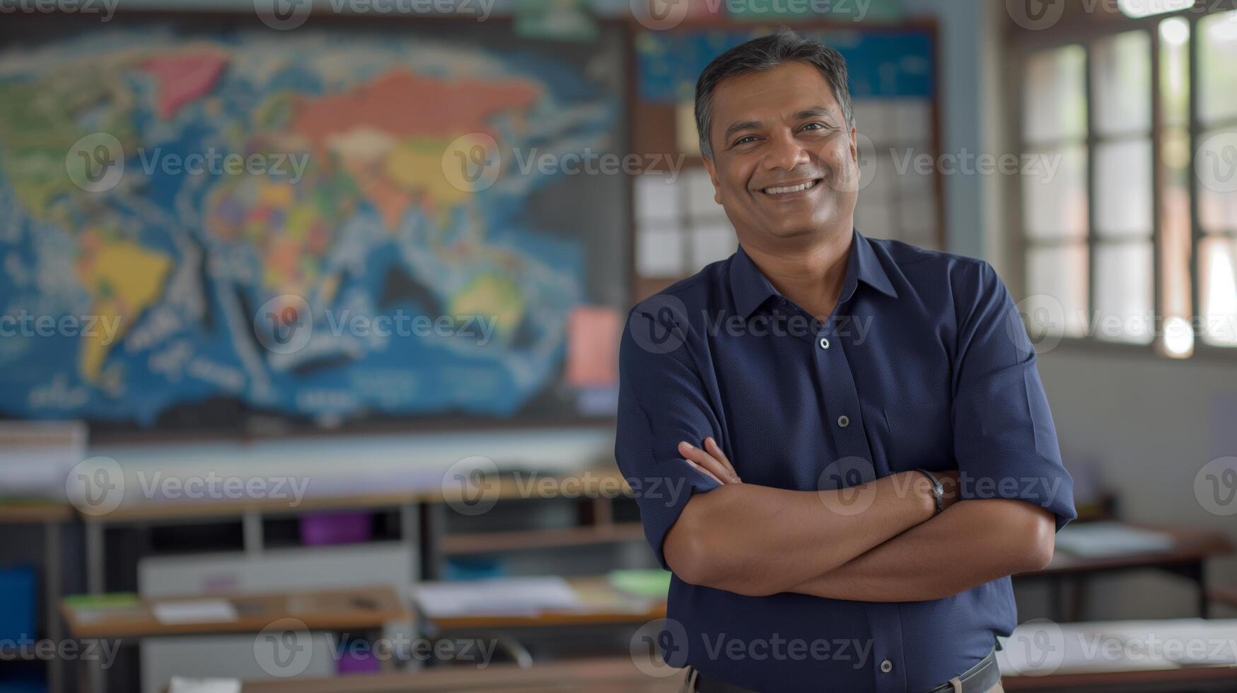 South Asian Male School Teacher Smiling in Classroom, Educational Setting, Back to School, Academic Environment photo