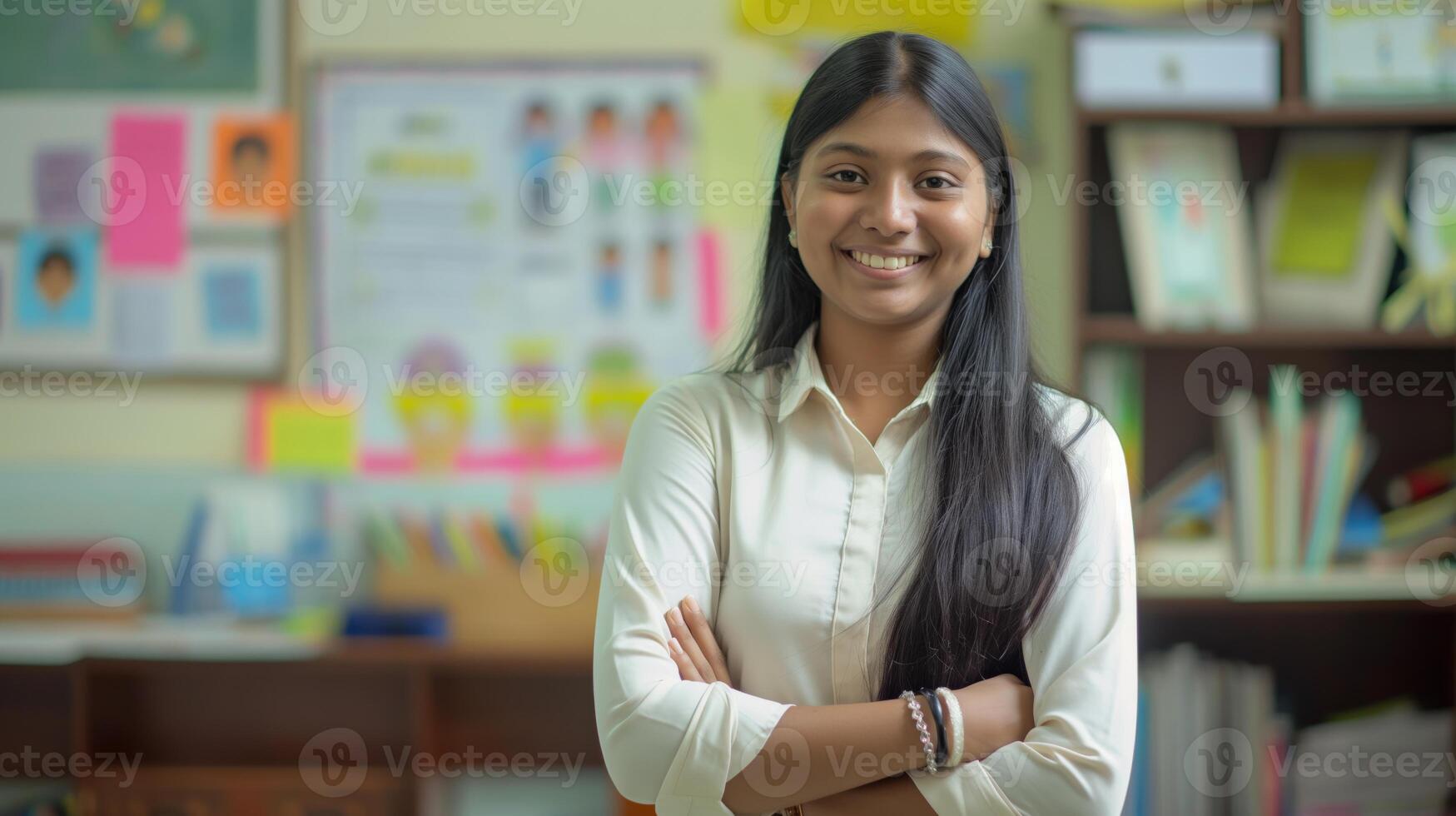 Warm Smiling Bangladeshi Female School Teacher in Classroom Setting for Educational and Cultural Representation photo