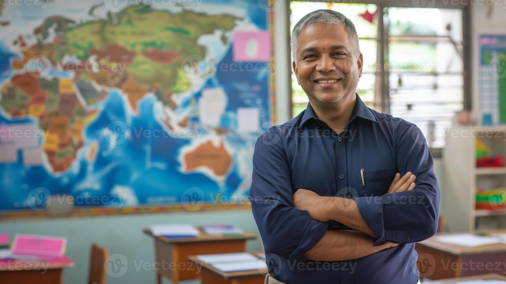 MiddleAged Indian Male School Teacher Smiling Kindly in Classroom with World Map for Education and Diversity Concepts photo