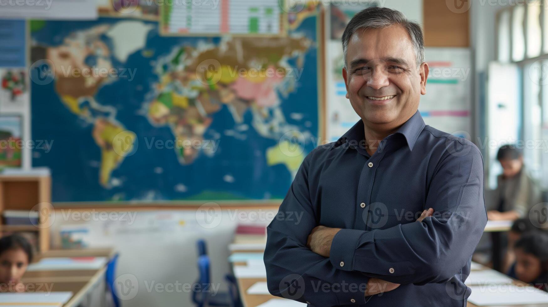 Confident MiddleAged Indian Male School Teacher in Classroom Standing with Arms Crossed, World Map Background, Promoting Education and Learning photo