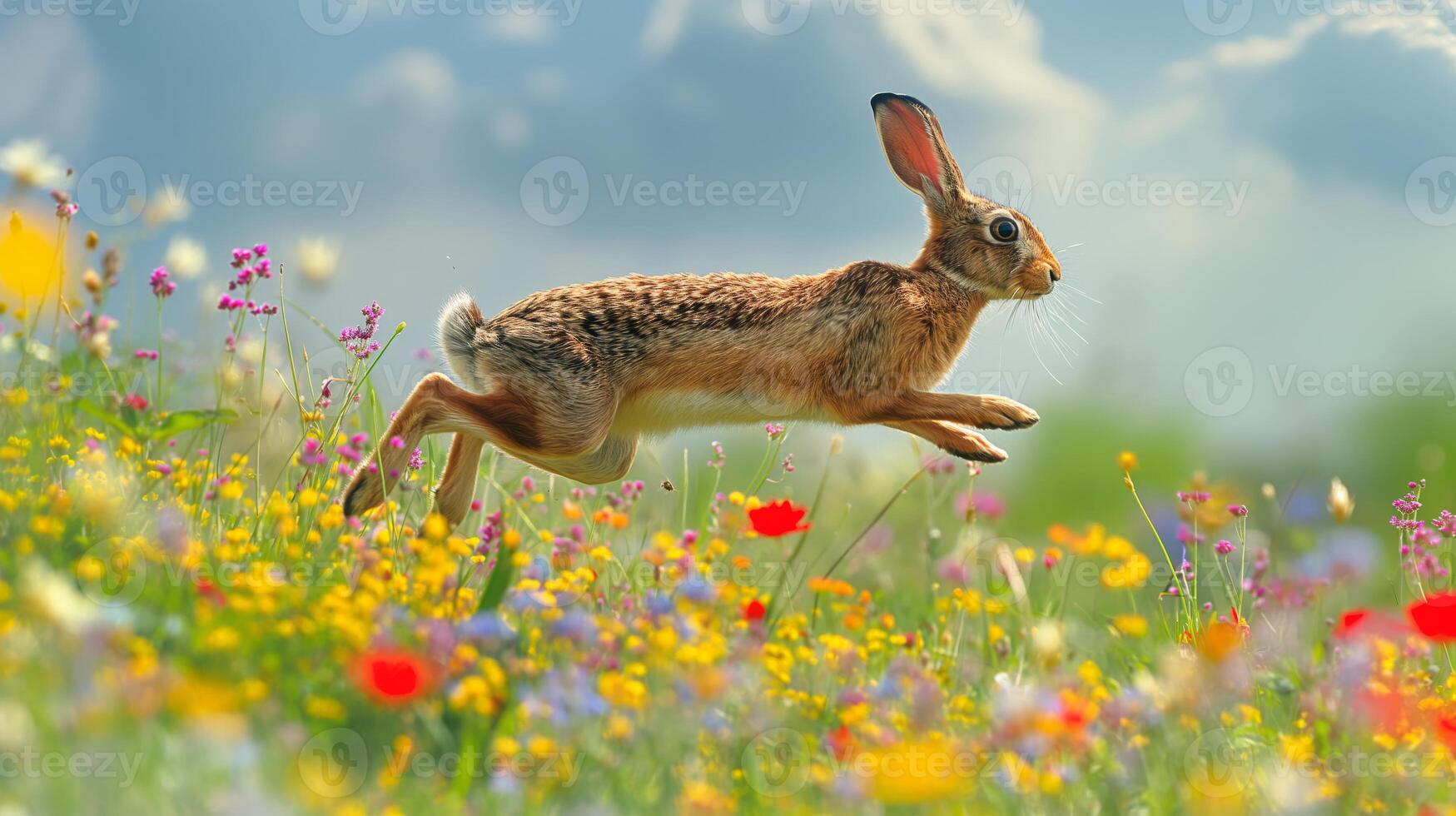 Hare Sprinting Across a Colorful Wildflower Meadow in Springtime Nature Scene photo
