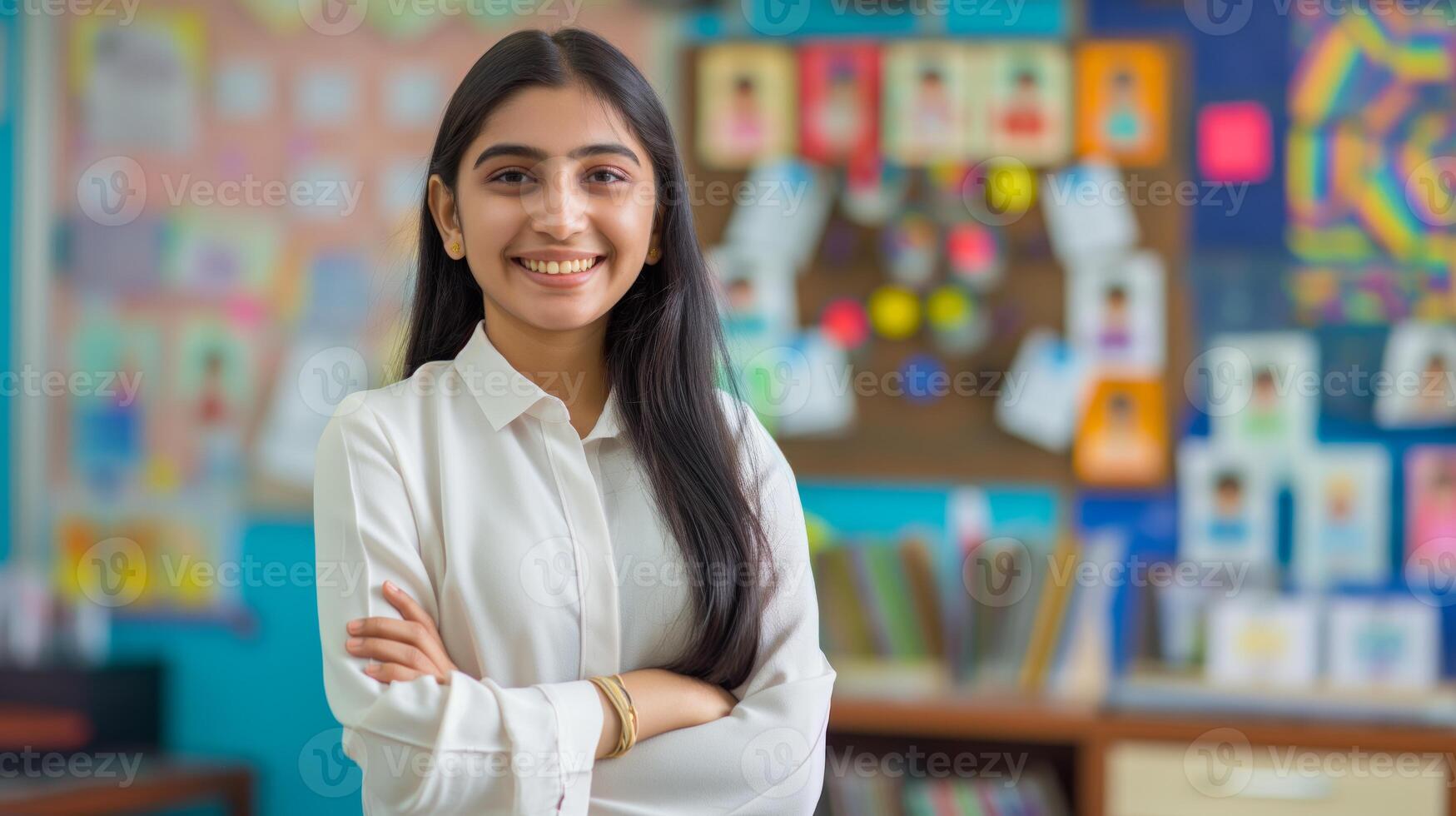 Confident Young Pakistani Female School Teacher in Classroom Setting for Educational Inspiration and Diversity photo