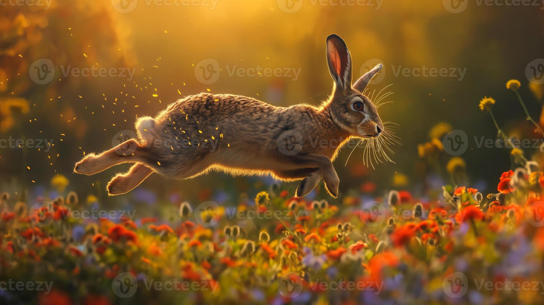 Hare Bounding Through Meadow at Dawn, Wildlife Photography, Nature Scene for Poster photo