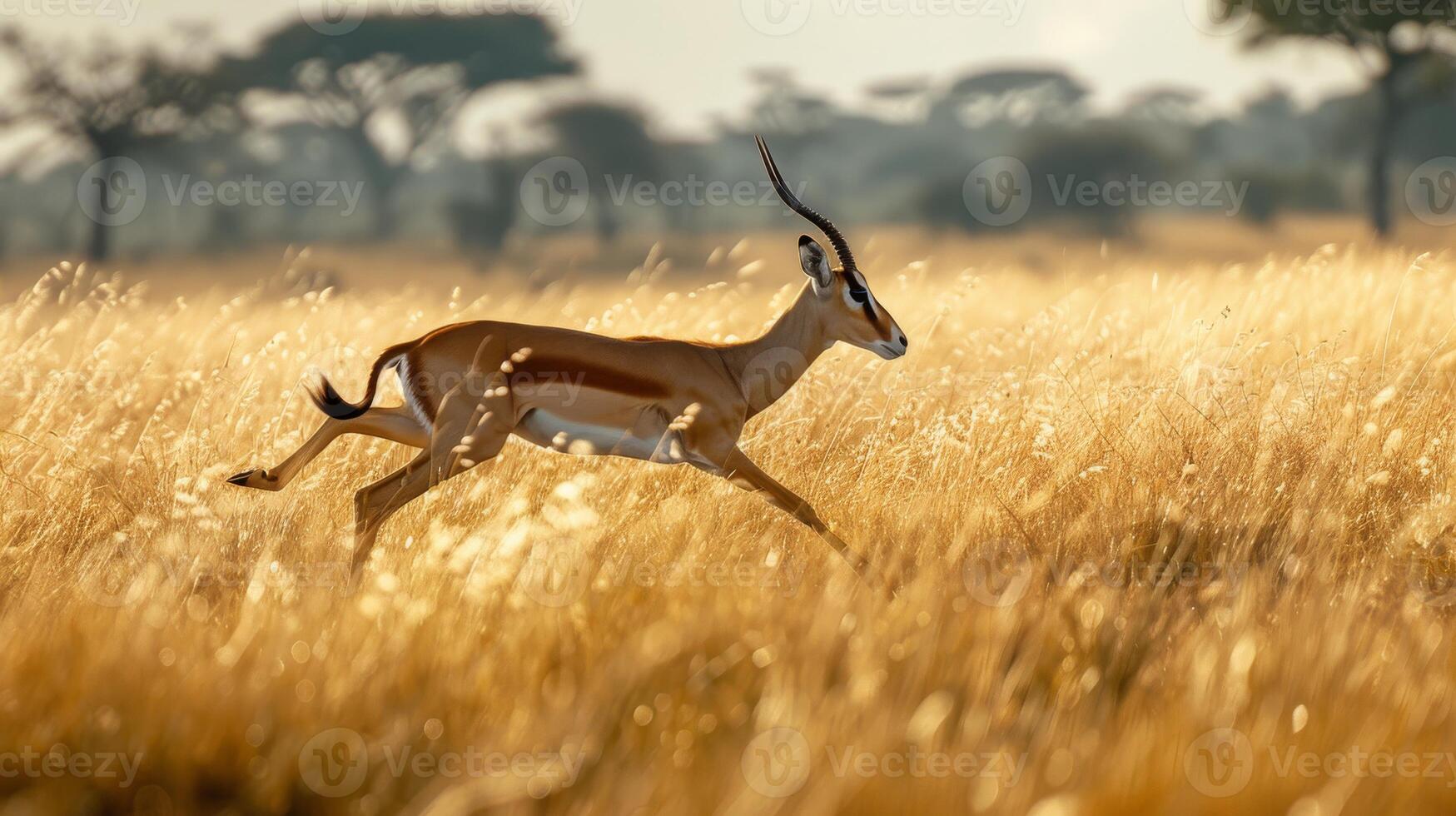 Gazelle Sprinting Across African Plains in Golden Grassland at Dusk Wildlife Photography for Nature Prints and Posters photo