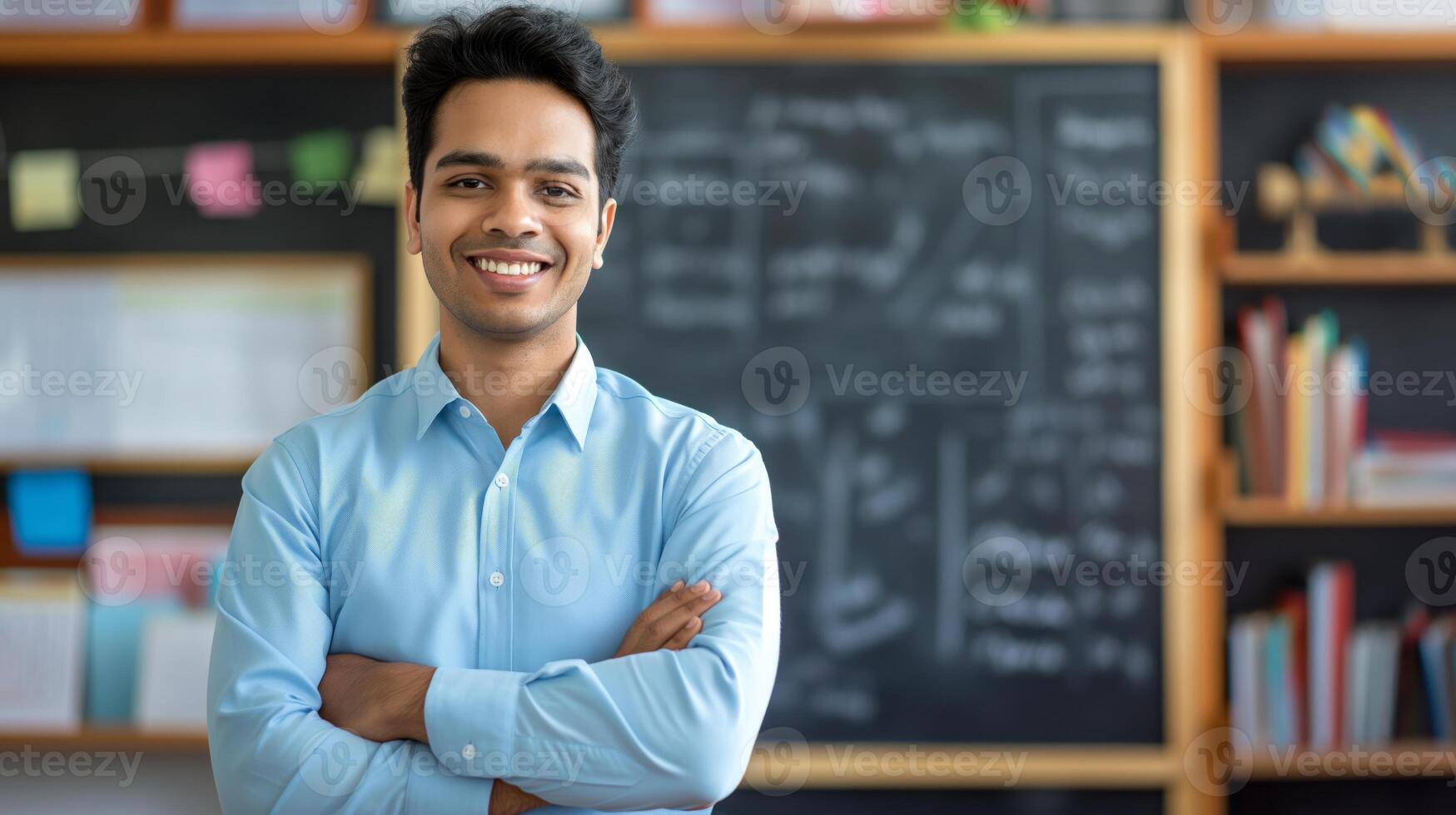 Confident Young South Asian Male School Teacher Smiling in Classroom, Educational Setting, Perfect for Educational Material, Diversity Representation photo