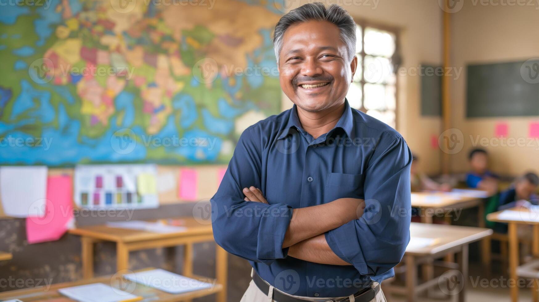 Middle Aged Bangladeshi Male School Teacher Smiling in Classroom Setting with Map in Background photo