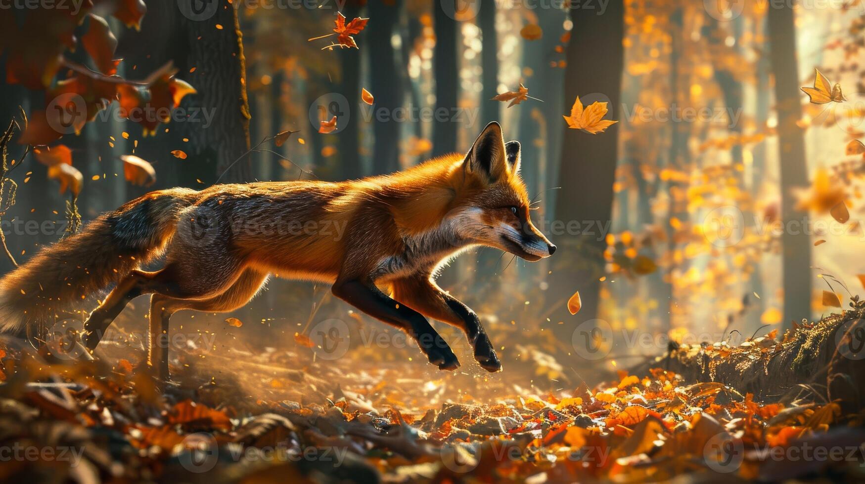 Autumn Forest Fox Sprinting, Dynamic Wildlife Photography for Design Print and Posters photo