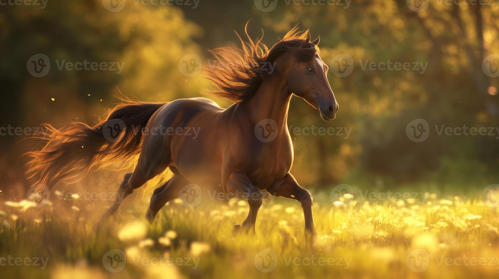 Majestic Horse Galloping Through Sunlit Field in Nature Background for Spring and Summer Themes photo