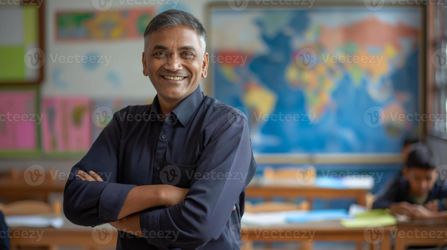 Middle Aged South Asian Male School Teacher Smiling in a Classroom Setting with World Map Background photo