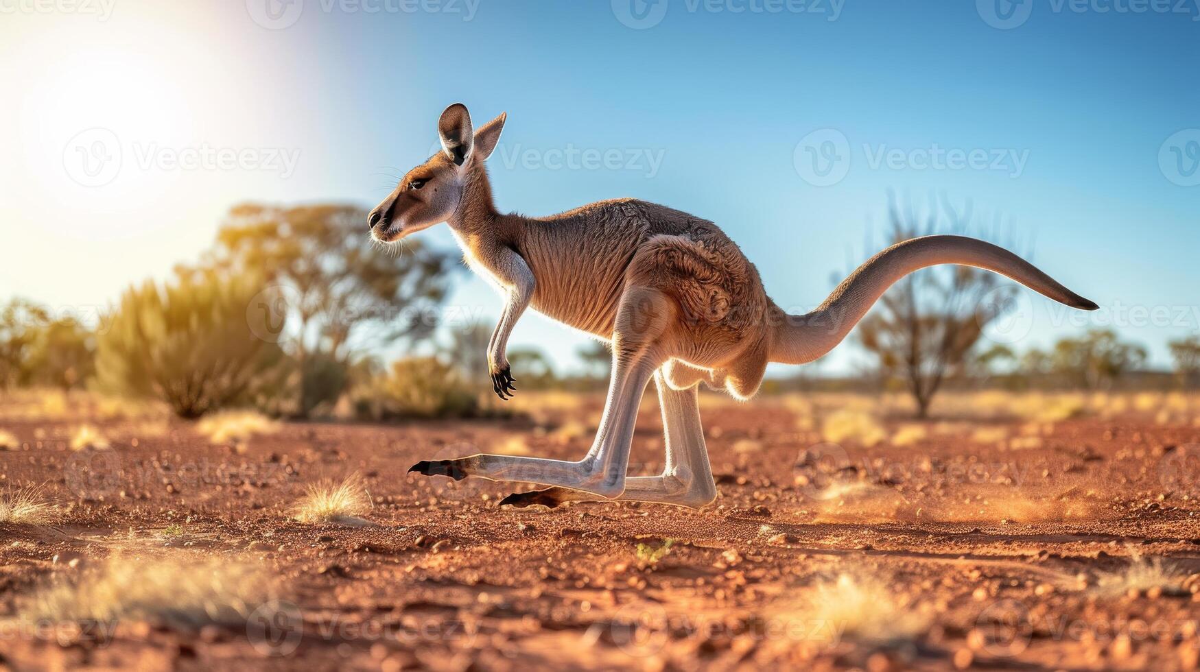 Kangaroo Hopping Across the Australian Outback at Full Speed, Bright Sunny Day, Wildlife in Motion, Nature Photography for Print and Digital Use photo