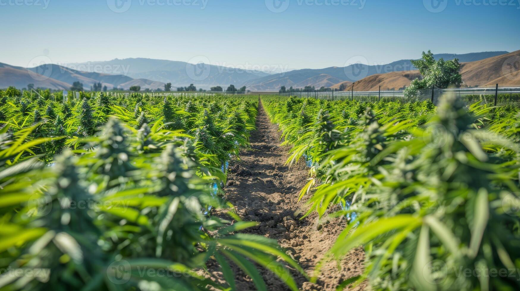 Cannabis Cultivation Field in Scenic Outdoor Landscape for Agriculture Design and Poster Use photo
