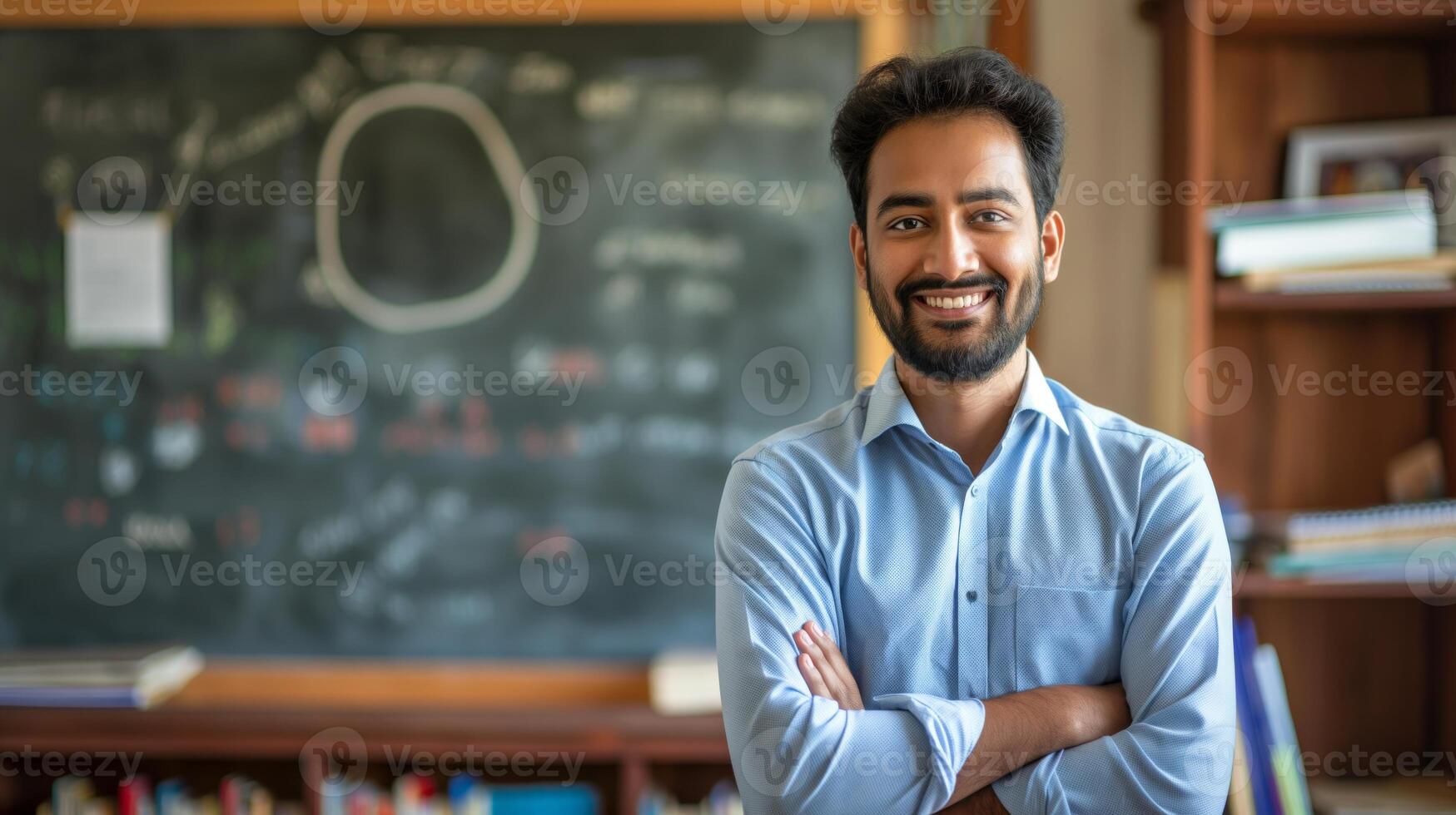 Confident Young Male Pakistani School Teacher in Classroom, Chalkboard Background, Educational Setting photo
