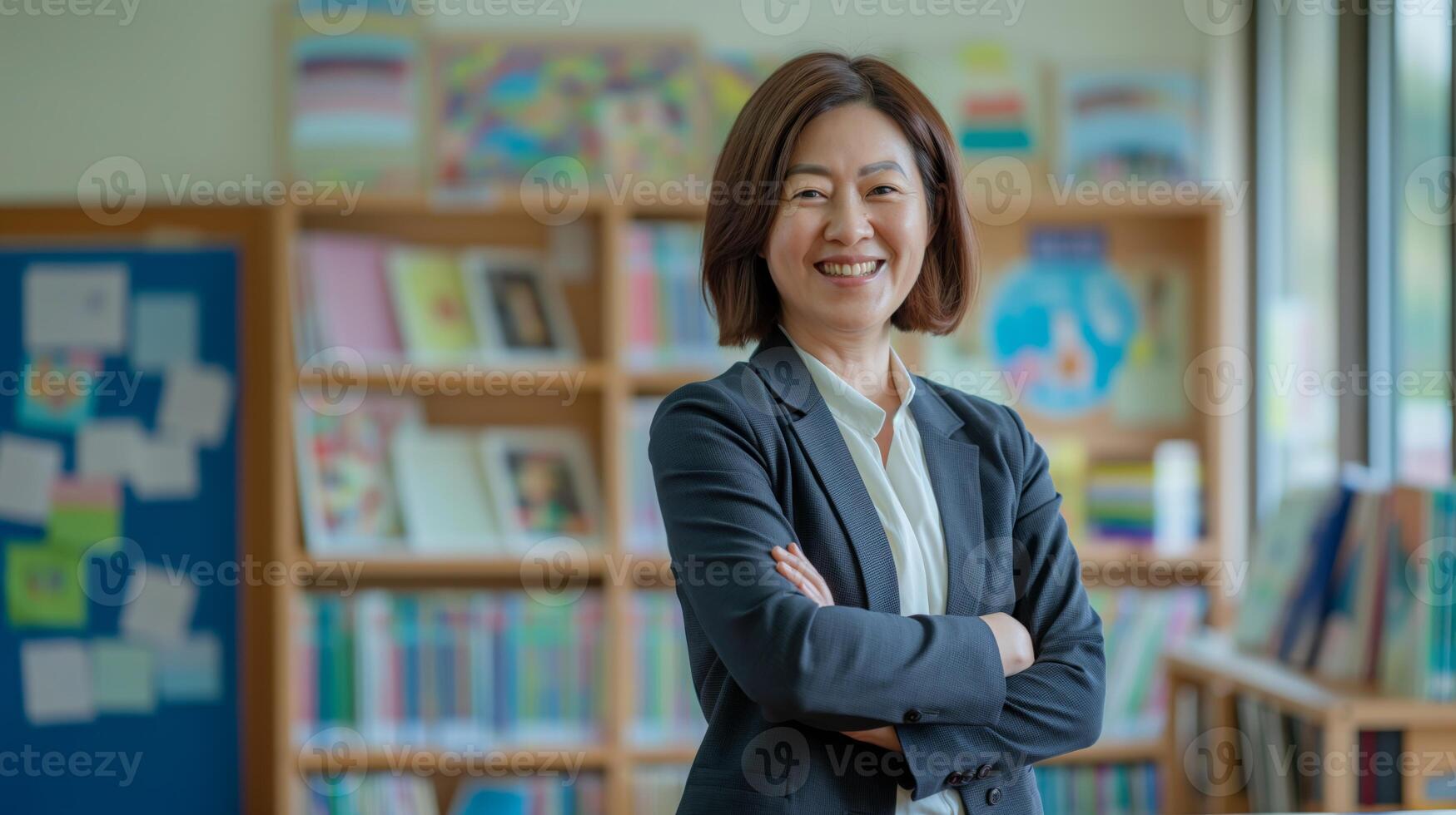 Smiling Korean Female Teacher in Classroom, Education Concept, Professional Educator, Diverse Teachers, Learning Environment, Academic Setting photo