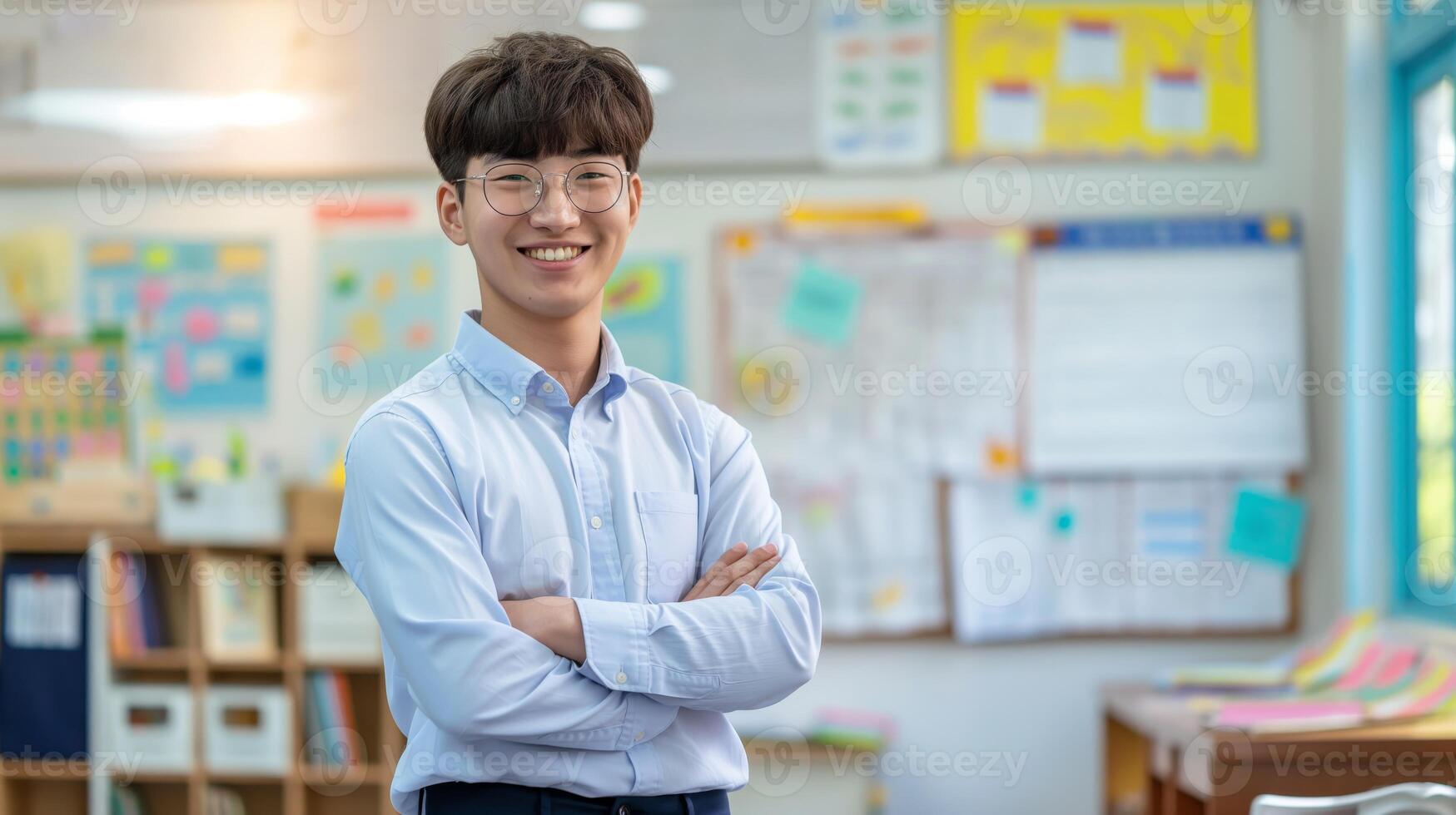 Confident Korean Male School Teacher in Classroom Setting, Perfect for Educational and Learning Themes photo