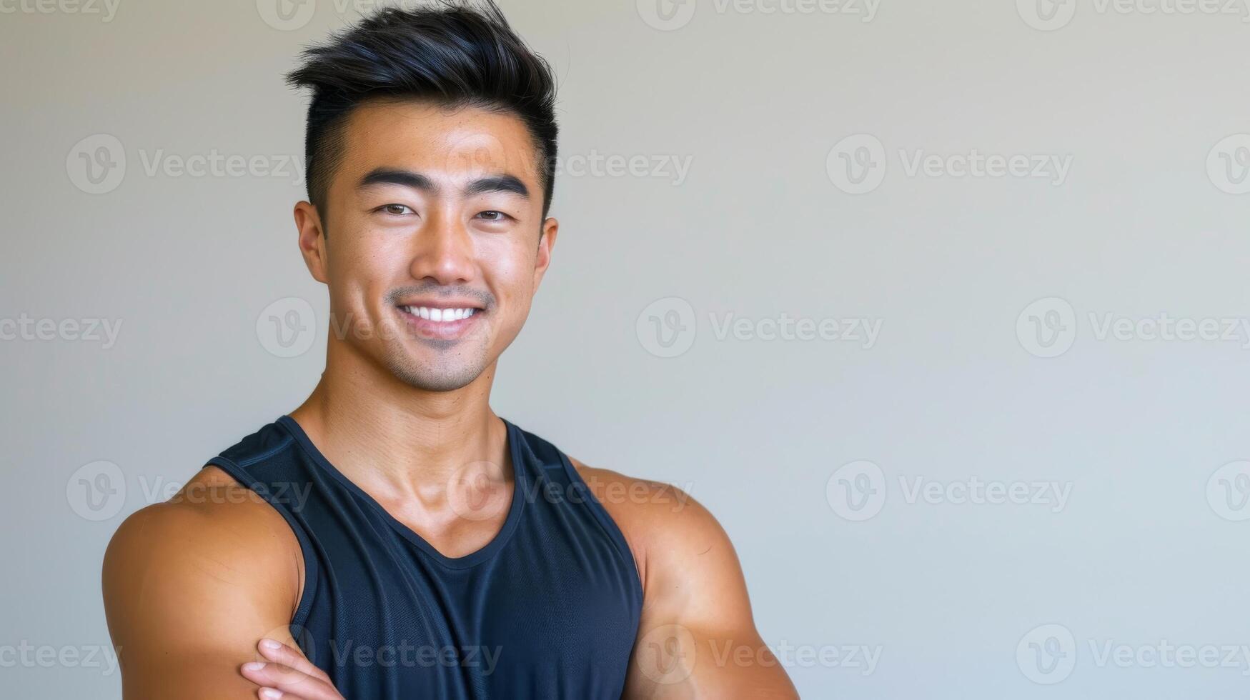Fit and Smiling Young East Asian Man in Sporty Attire, Ideal for Fitness, Health, and Wellness Promotions photo