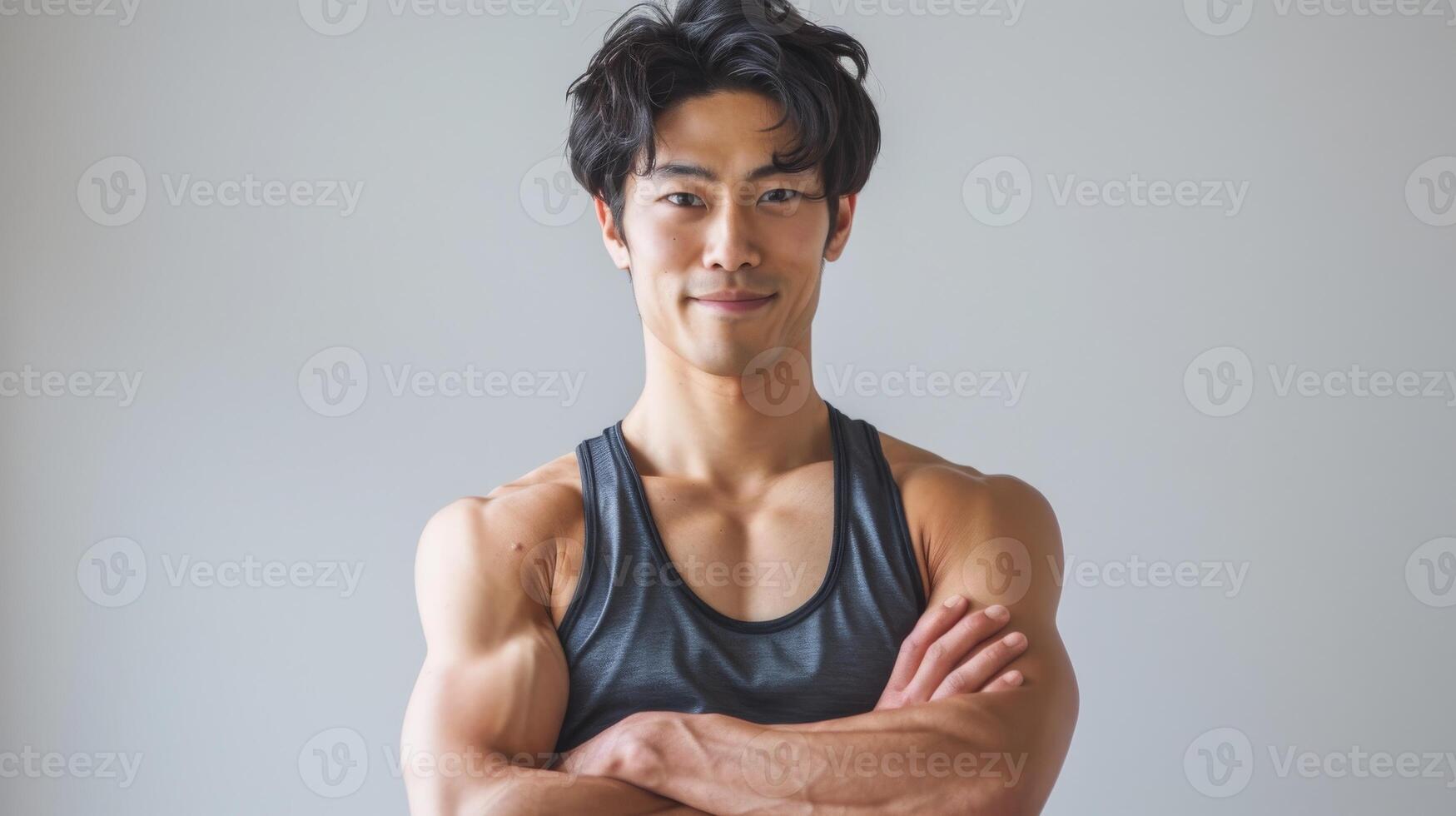 Fit Young Japanese Man Smiling in Athletic Wear, Fitness and Strength, Diverse Model Concept for Health Campaigns photo