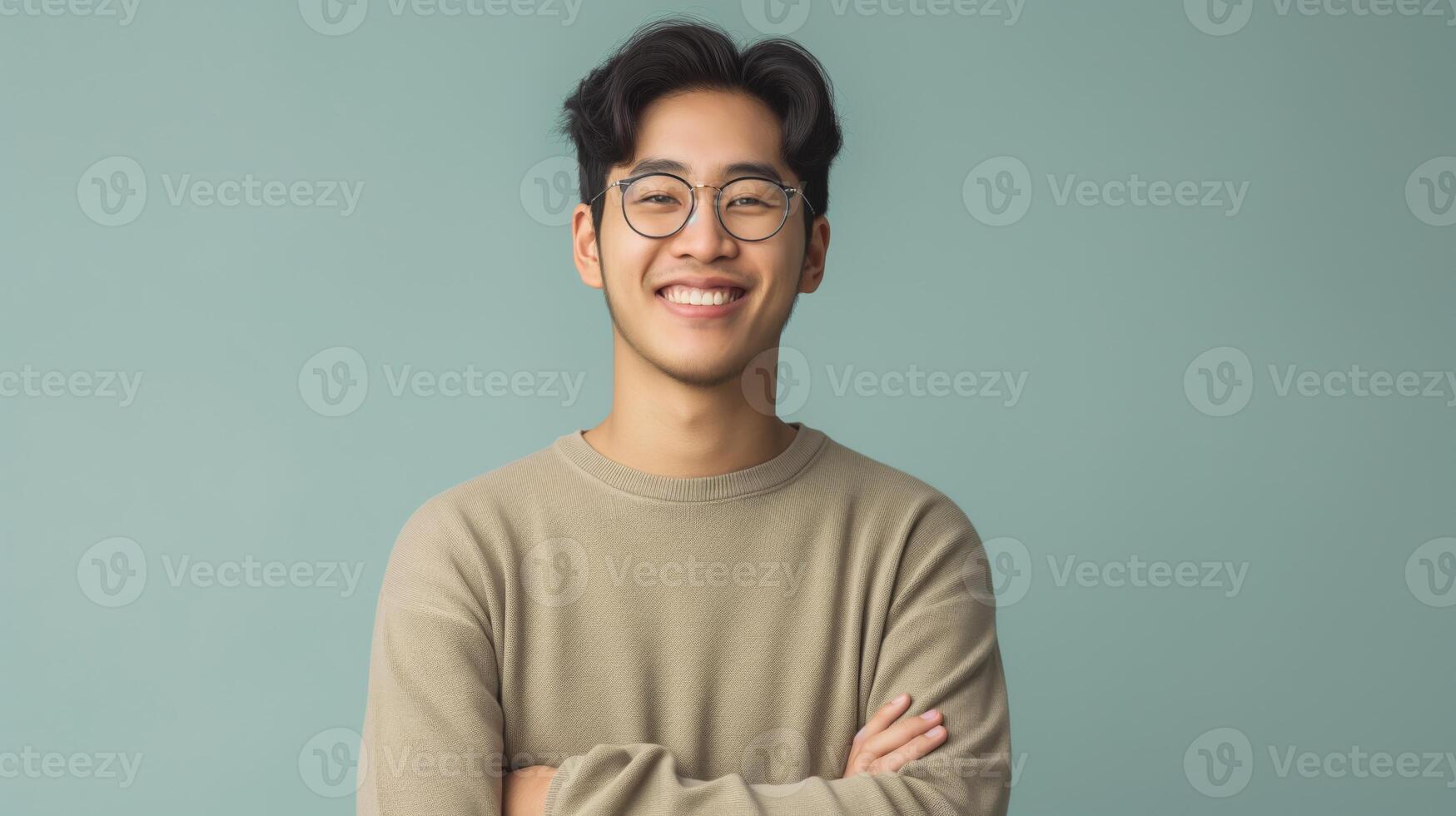 Smiling Young East Asian Man in Casual Outfit Standing with Arms Crossed Against a Calm Blue Background Perfect for Professional or Personal Use in Branding and Marketing photo