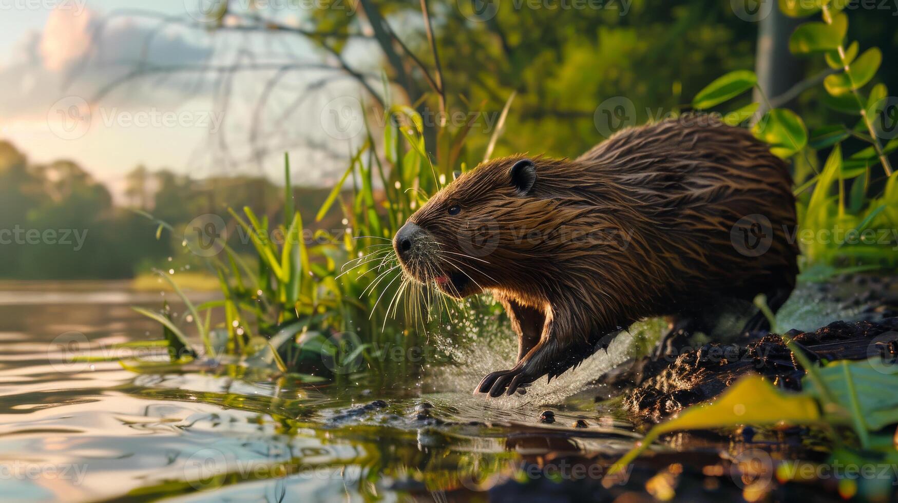 Beaver Running Along Riverbank in Nature at Sunset, Wildlife Photography for Stock Use, Landscape Design for Print, Card, Poster photo